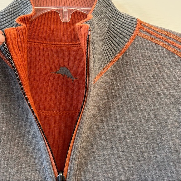 Reversible Fall Tommy Bahama Gray and Orange Quarter Zip Cotton Sweater Large - Picture 11 of 12